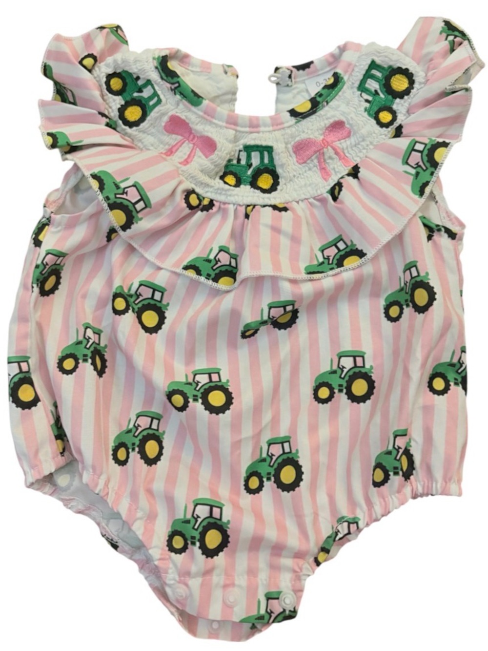 Pink Smocked Striped Baby Romper with Green Tractor Print